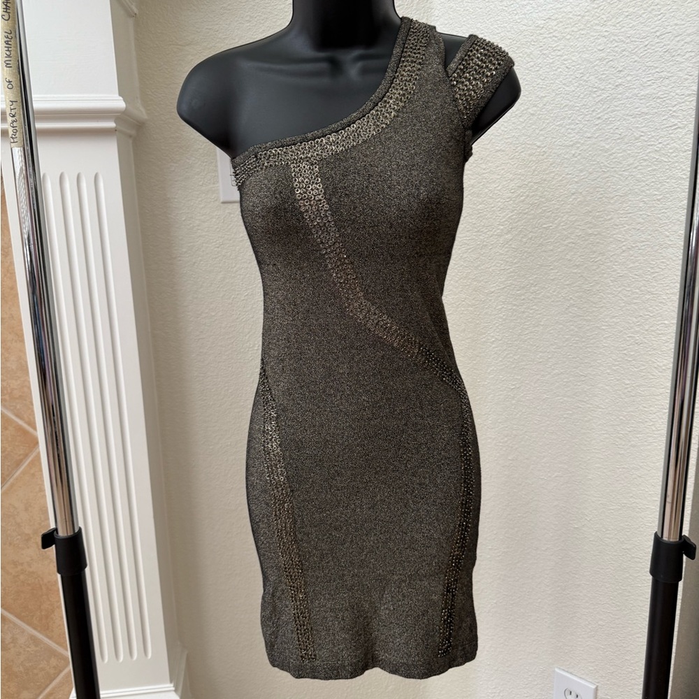 bebe One-Shoulder Metallic Dress